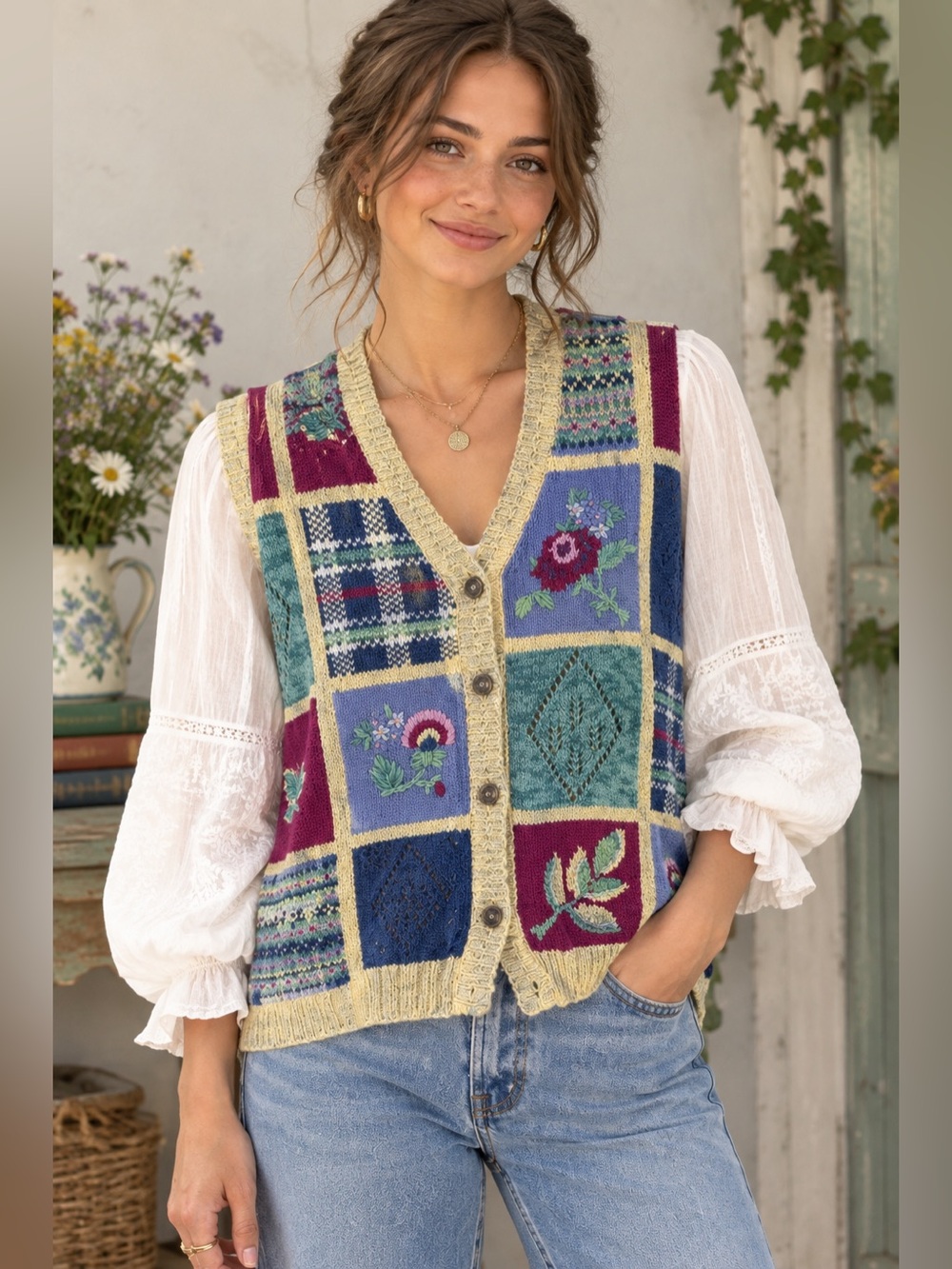 Vintage Jantzen Patchwork Knit Vest Embroidered Boho Ramie Cotton Medium